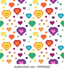 Seamless retro pixel game rainbow heart pattern