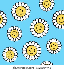 Seamless Retro Positive Flower Vector Art Illustration. Smiling Flower Icon texture All Over Print.