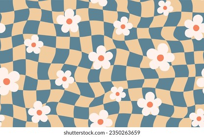 Seamless retro psychedelic checkered pattern in hippie style. Trendy abstract background with 70s groovy chessboard texture and flowers.