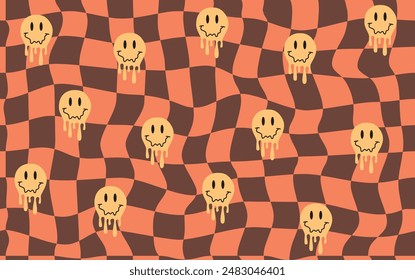 Seamless retro psychedelic pattern in hippie style. Trendy abstract background with 70s groovy chessboard texture and smiles.	