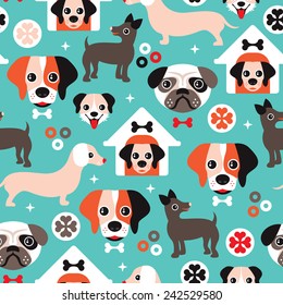 Seamless retro puppy dogs and colorful canine illustration background pattern in vector