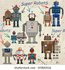 seamless retro Robot pattern, cartoon vector illustration