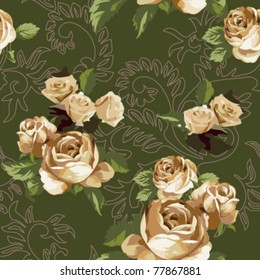 Seamless retro rose pattern on curly leaves background,vector