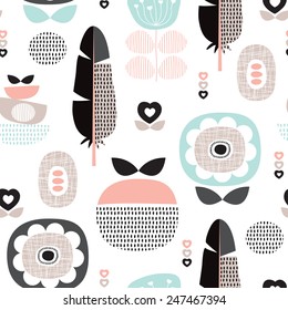 Seamless retro scandinavian style pastel flowers poppy blossom and feather background pattern in vector