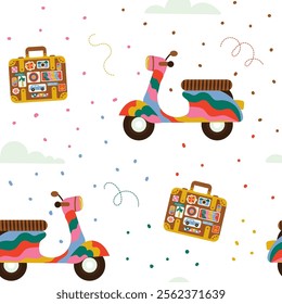 Seamless retro scooter and travel bag background pattern. Vector print for textile, fabric, wrapping paper