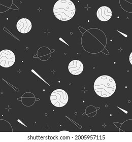 Seamless retro space black and white pattern with planets, stars, comets. Space theme cartoon doodle illustration. Vector graphics. 