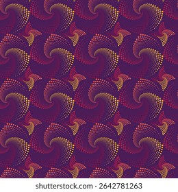 Seamless retro spiral pattern with dotted halftone effect in warm gradient colors (yellow, red, orange) on a purple background. Abstract psychedelic design perfect for fabric, wrapping paper, wallpape