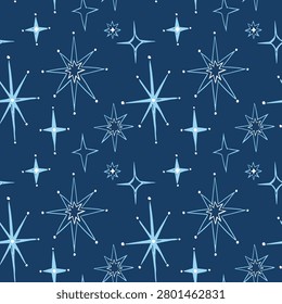Seamless retro star burst pattern with geometric blue stars on a navy background. Ideal for Christmas, winter textiles, wrapping paper, wallpaper, packaging, and festive branding