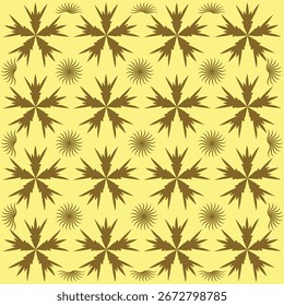 Nahtloses Retro-Sternzeichen, florales Muster in Braun auf pastellgelbem Hintergrund, geometrische abstrakte Tapete.