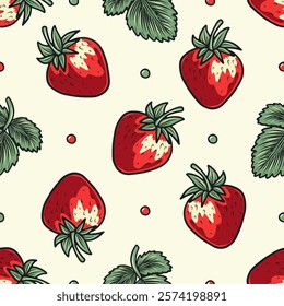 Seamless retro strawberry pattern, vector berries light airy design, polka dots, bright colors, green leaves, vintage style, colorful fresh playful unique decorative universal botanical stylish vibran