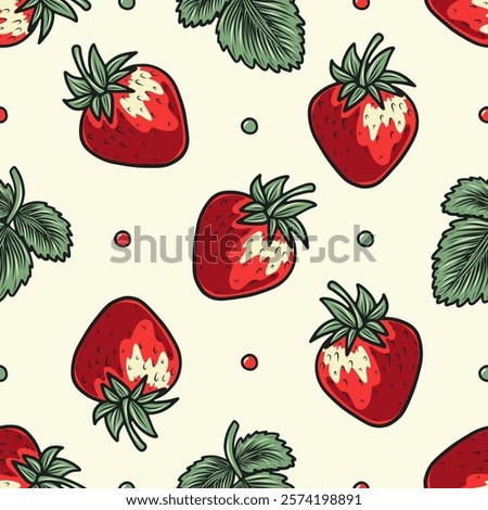 Seamless retro strawberry pattern, vector berries light airy design, polka dots, bright colors, green leaves, vintage style, colorful fresh playful unique decorative universal botanical stylish vibran