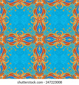 Seamless retro style abstract pattern. Bright colors oriental vintage background. Can be used for cards, invitations, fabrics, wallpapers,  ornamental template for design and decoration, etc