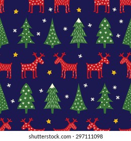 Seamless retro style Christmas pattern - varied Xmas trees, reindeer, stars and snowflakes. Colorful Happy New Year background. Vector design for winter holidays.