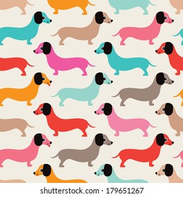 Seamless retro style dachshund puppy pattern illustration background in vector