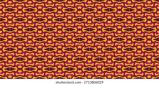 Un patrón geométrico de estilo retro sin costuras con Formas onduladas entrelazadas en amarillo vibrante, magenta y púrpura oscuro.