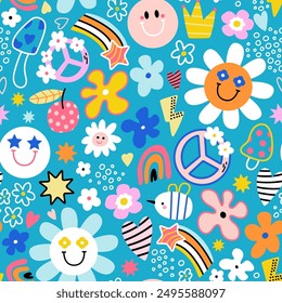 Seamless retro style groovy pattern with emoji faces, camomile, rainbow. Cartoon funny hippy texture. Vector background