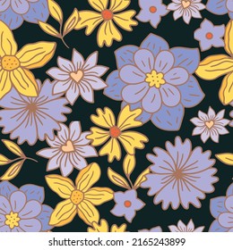 Nahtlose Retro-Stil handgezeichnet Blumenmuster. Hochdetaillierte Blumenstruktur im Stil der 70er Jahre. Vektorgrafik
