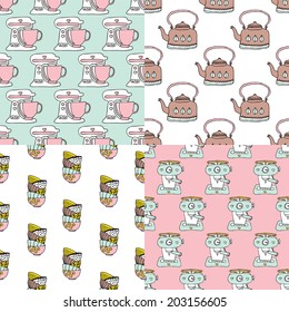 Seamless retro style kitchen bowl coffee machine and kettle illustration background pattern in vector