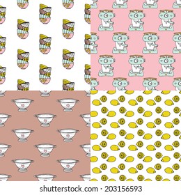 Seamless retro style kitchen and pineapple fruit illustration background pattern in vector