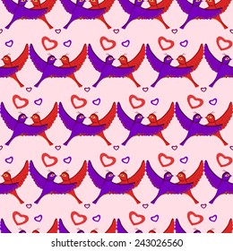 Seamless retro style pair of birds in love pattern. Valentines Day piggy pink background. Valentine wrapping design. Can be used for wallpaper, pattern fills, web page background, surface textures.