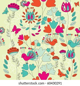A Seamless Retro Style Pattern with Birds  and flowers