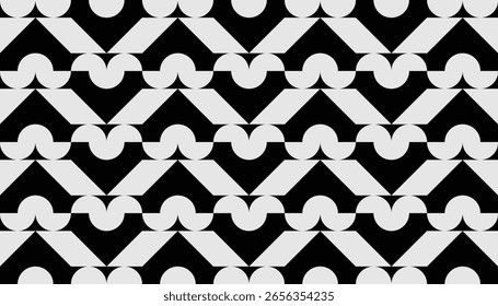 Modelo inconsútil del estilo retro con las Formas geométricas negras en un fondo blanco, formando arcos repetitivos y estructuras similares de la flecha