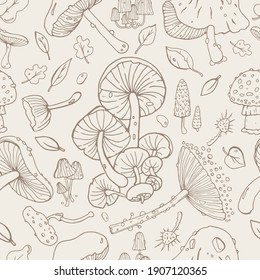 Seamless retro style pattern with different cute mushrooms