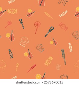 Seamless retro style pattern featuring a glass of lemonade, candy and cupcakes. The images are multicolored and arranged randomly on a salmon colored background.