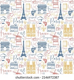 Seamless retro style pattern with symbols of Paris and France and the French words Mercy, Bonjour, Amour and others