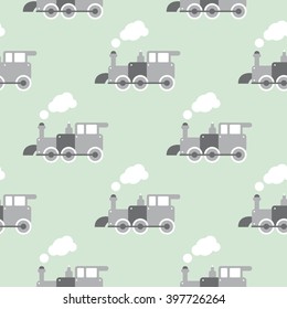 Seamless retro style toy steam train Scandinavian kids background pattern in vector