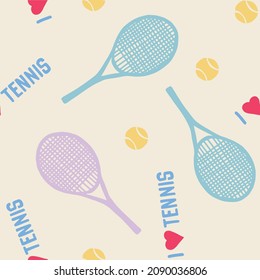 Seamless Retro Tennis Pattern with slogan,hand drawn,vector print 