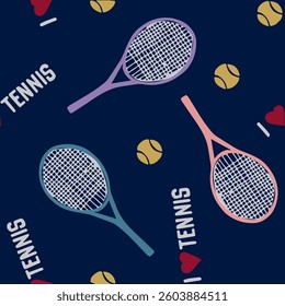Seamless Retro Tennis Pattern with slogan,hand drawn,vector print on dark blue background