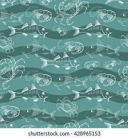 Seamless retro texture with silhouette fish, crab, shrimp  on  grey background. Vector  pattern.