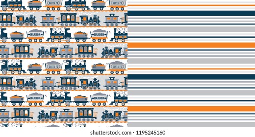 Seamless Retro Train Allover Print and Coordinated Stripe Pattern / Vector Illustration / White Background / Global Colors saved with Pattern Swatches