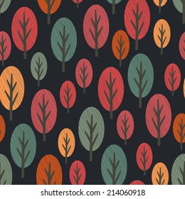 Seamless retro tree pattern with forest illustration in vector.  Autumn seamless background.