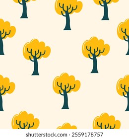 Seamless Retro Tree Pattern with Yellow Foliage on Light Background for Nature-Themed Designs