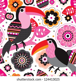 Seamless retro tucan toucan floral kids pattern wallpaper background in vector