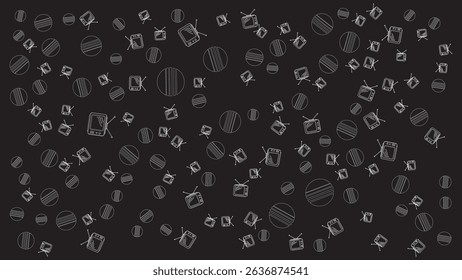 Seamless Retro TV and Line Circle Pattern in Monochrome on Black Background