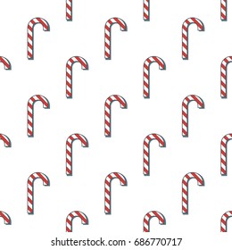 Seamless retro vector christmas pattern. Isolated red and white bent candy stick; barber pole candy on white background. Winter season and holidays gift wrapping paper.
