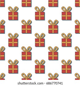 Seamless retro vector christmas pattern. Isolated red present; gift with yellow ribbon on white background. Winter season and holidays gift wrapping paper.