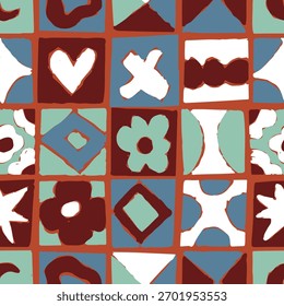 Padrão de vetor retro contínuo com flores abstratas e formas geométricas em tons de terra.