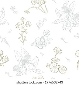 Seamless retro vector pattern on white background - Flowers and blooming bushes. Maybe use for textile or wallpaper print, making cards, wedding invitation.