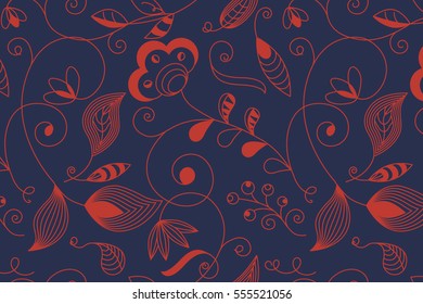 Seamless Retro Vine Flower Pattern with swirls / Aurora Red on Medieval Blue Ground /
Pattern saved to pattern swatches 