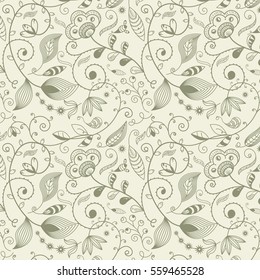 Seamless Retro Vine Flower Pattern with swirls / Sage Green on Off White Ground 