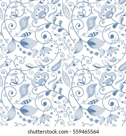 Seamless Retro Vine Flower Pattern with swirls / Blue on White Ground /
Pattern saved to pattern swatches 