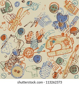 Seamless retro vintage handmade pattern Seamless pattern with hobby objects in retro (vintage) style. Color vector illustration.