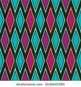 Seamless retro vintage pop geometric pattern featuring vibrant diamond shapes in alternating teal and magenta. Mid century modern aesthetic for funky fashion textures or interior design. Vector EPS 10
