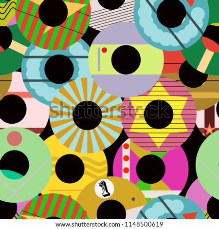 Seamless retro vinyl record labels pattern vector illustration, fictional vector art