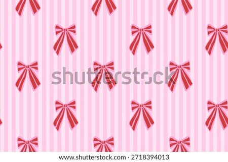 Seamless retro whimsical Valentine bow stripe pattern with vertical stripes. Coquette ribbon texture for weddings, gift wrap, stationery, feminine design, cute romantic packaging. Vector illustration.