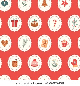 Seamless retro winter New Year pattern with frames.